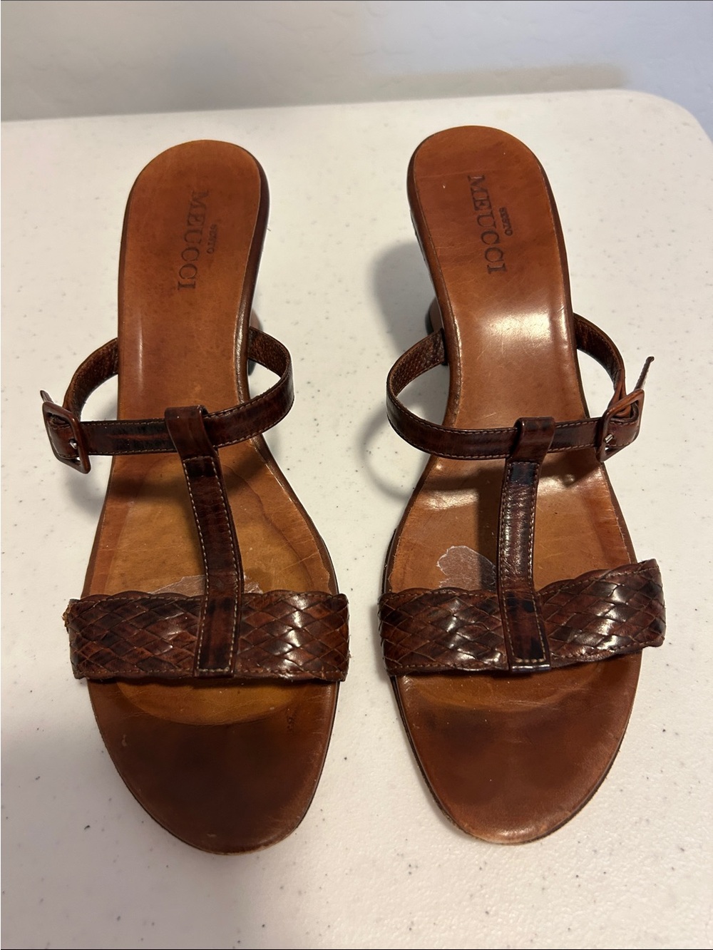 Sesto Meucci Brown Braided Leather T-Strap Sandals